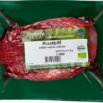 Ekologisk rostbiff i grön förpackning med mönstrad etikett